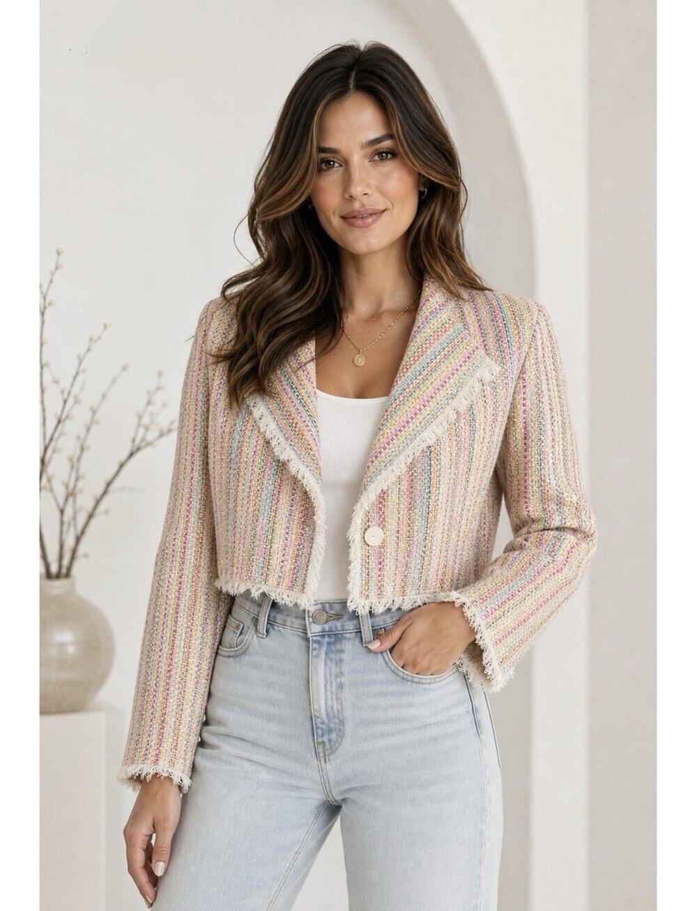 Something Navy Cropped Tweed Frayed Hem Multicolor Blazer NWT